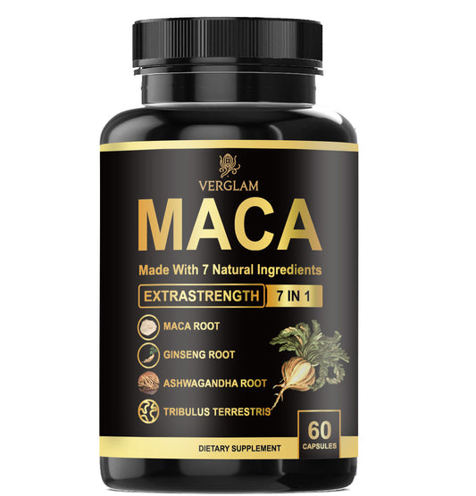 Premium 7-in-1 Maca Complex Capsules 1500MG with organic fair trade coffee and organic maca powder