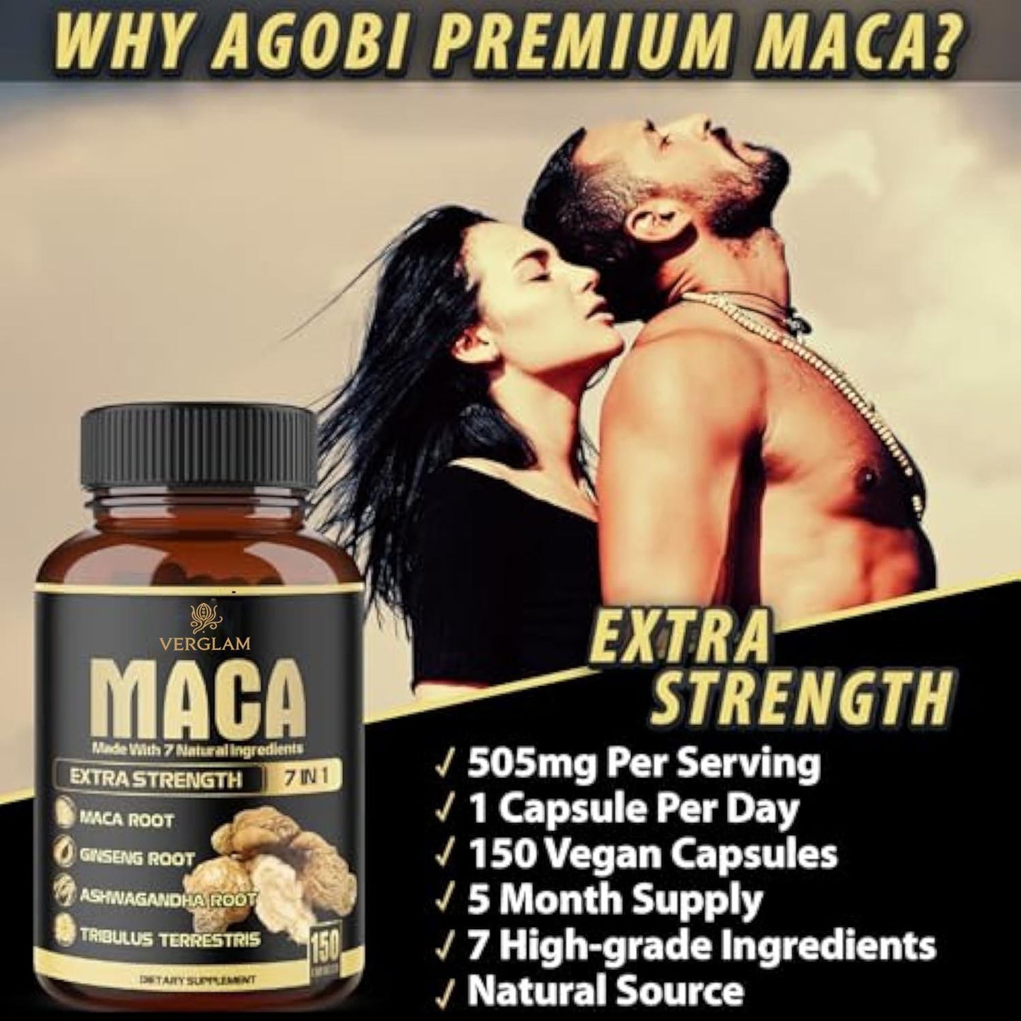 Premium 7-in-1 Maca Complex Capsules 1500MG with organic fair trade coffee and organic maca powder